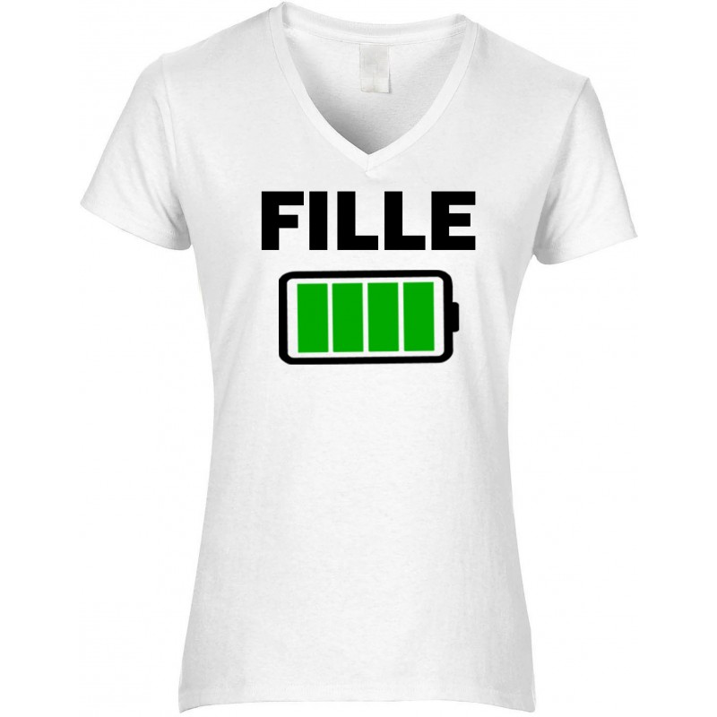 T-shirt femme Col V Fille batterie pleine CADEAU D AMOUR