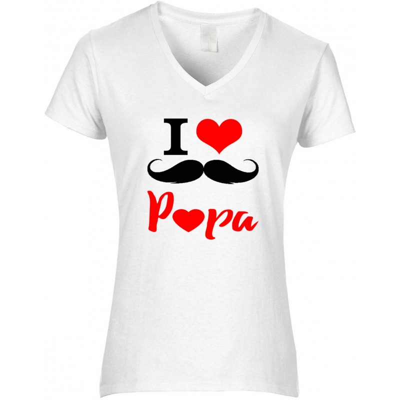 T-shirt femme Col V I love Papa moustache CADEAU D AMOUR