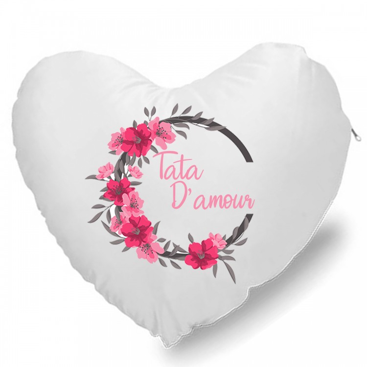 Coussin Cœur tata d'amour + couronne de fleurs CADEAU D AMOUR