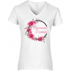 T-shirt femme col V marraine d'amour + couronne de fleurs CADEAU D AMOUR