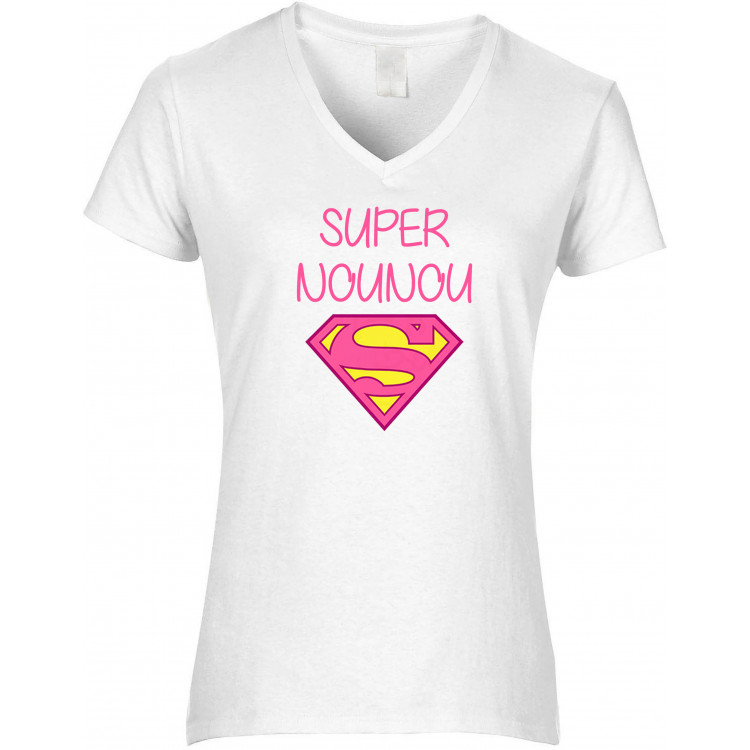 T-shirt femme col V Super nounou CADEAU D AMOUR