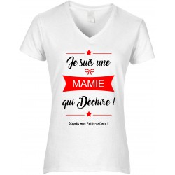 T-shirt femme Col V Je suis une Mamie qui déchiiire d'après mes petits enfants