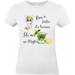 T-shirt femme Col Rond Rien à foutre des licornes file moi un Mojito